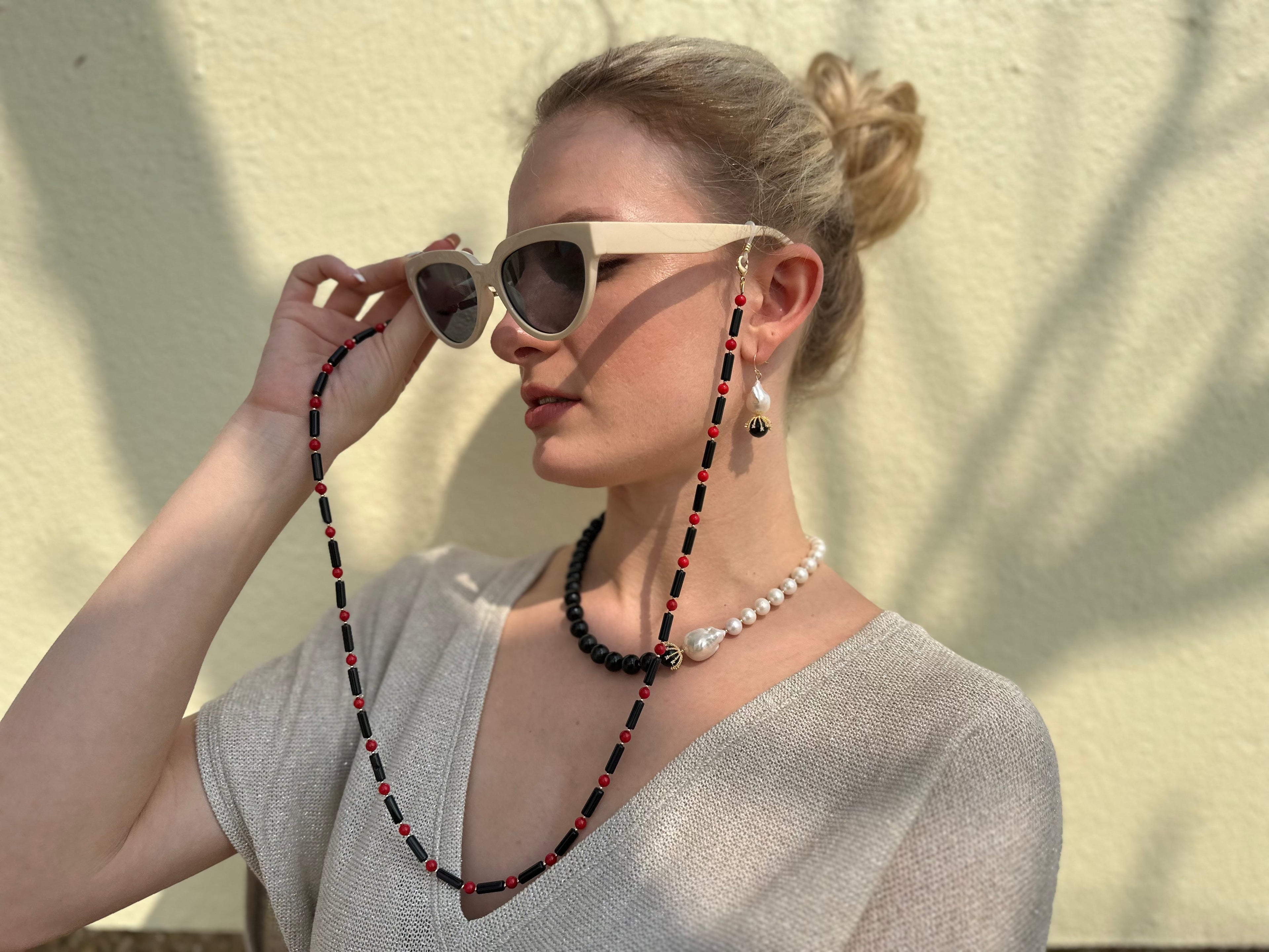 Black Obsidian With Red Coral Multi-Way Sunglasses Chain EC005