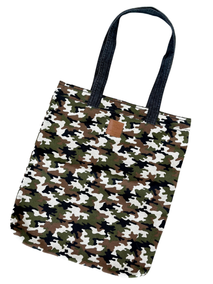Camouflage Tote with Black Denim Long Handles Canvas Grocery Bag