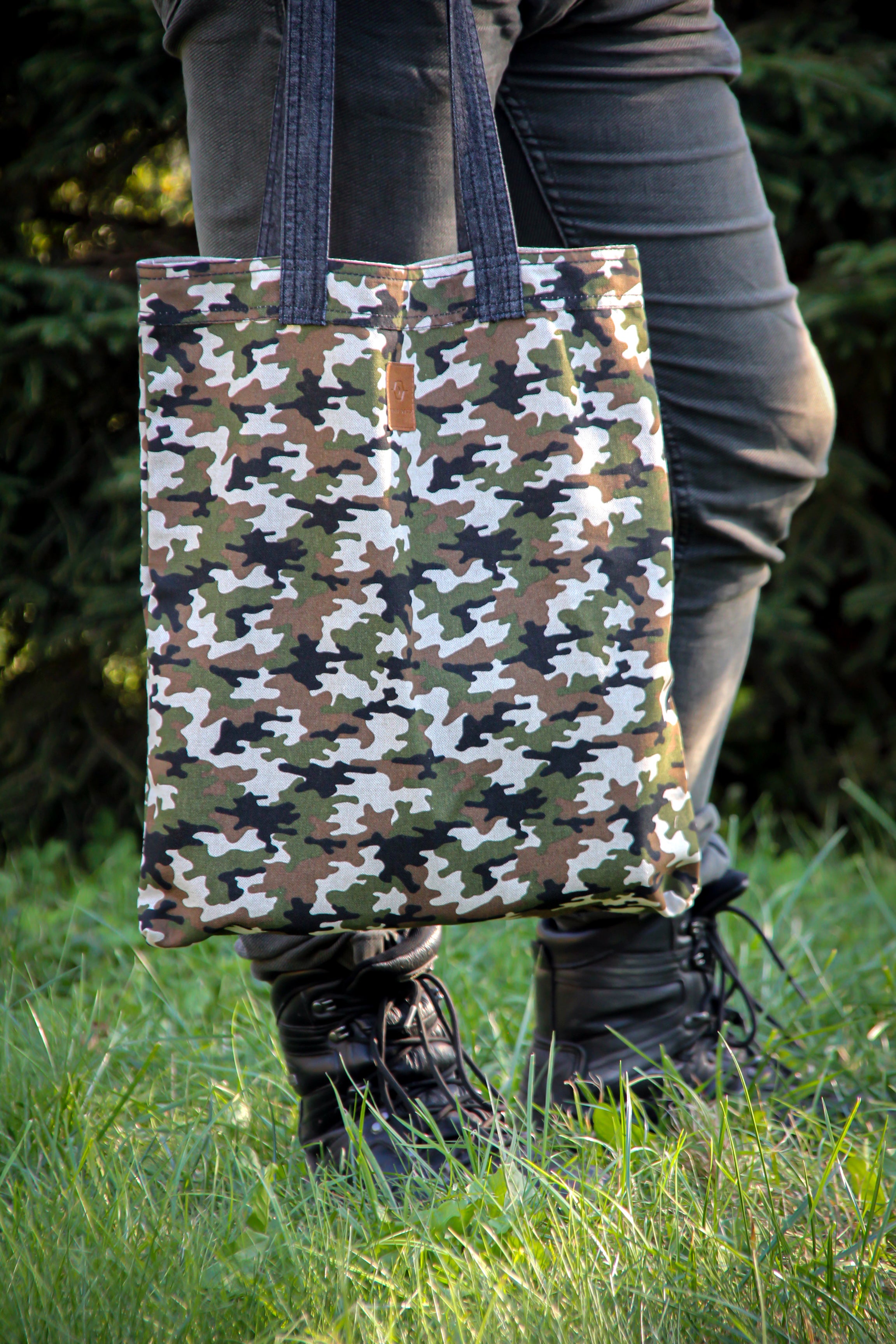 Camouflage Tote with Black Denim Long Handles Canvas Grocery Bag