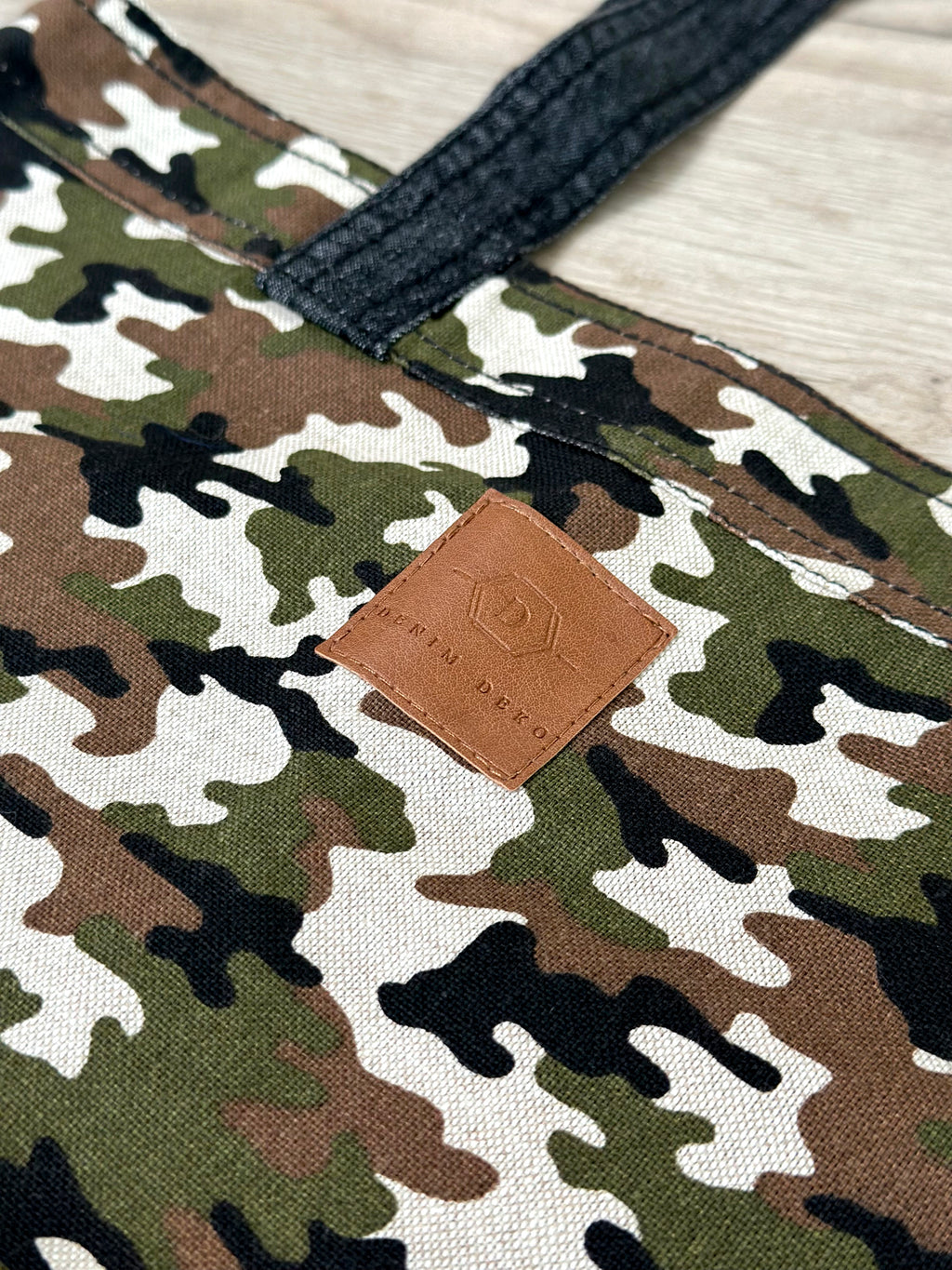 Camouflage Tote with Black Denim Long Handles Canvas Grocery Bag