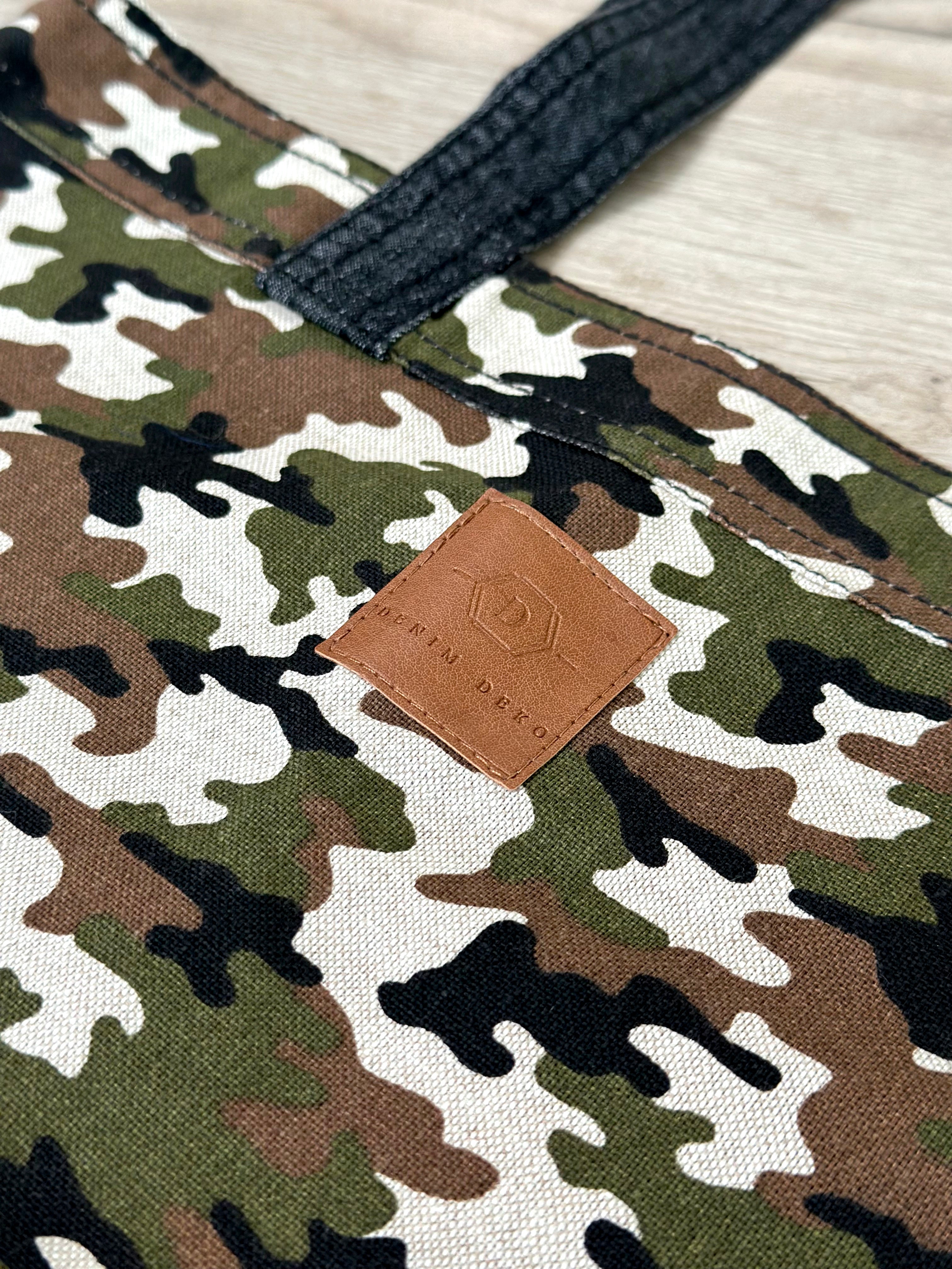 Camouflage Tote with Black Denim Long Handles Canvas Grocery Bag
