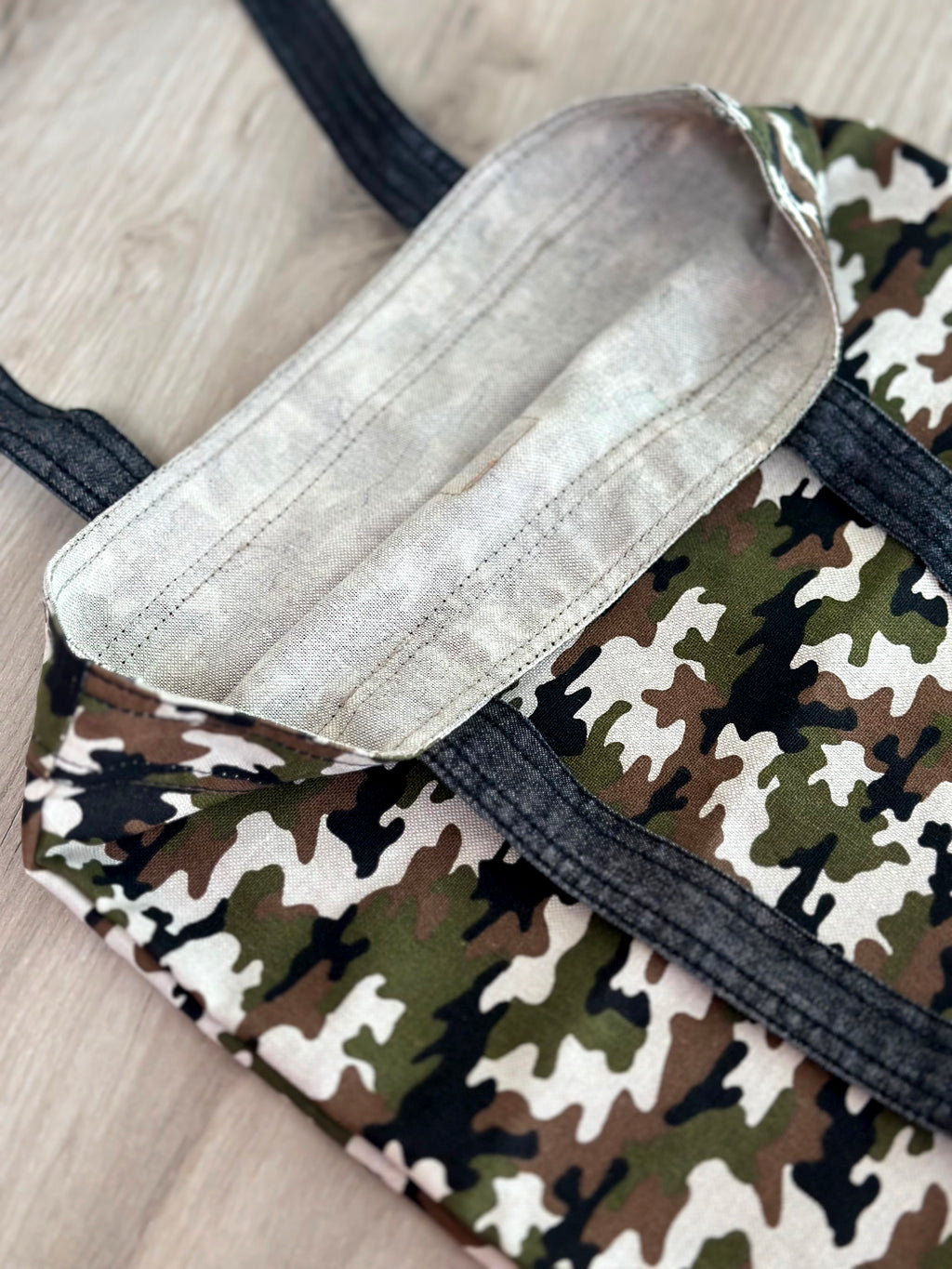 Camouflage Tote with Black Denim Long Handles Canvas Grocery Bag
